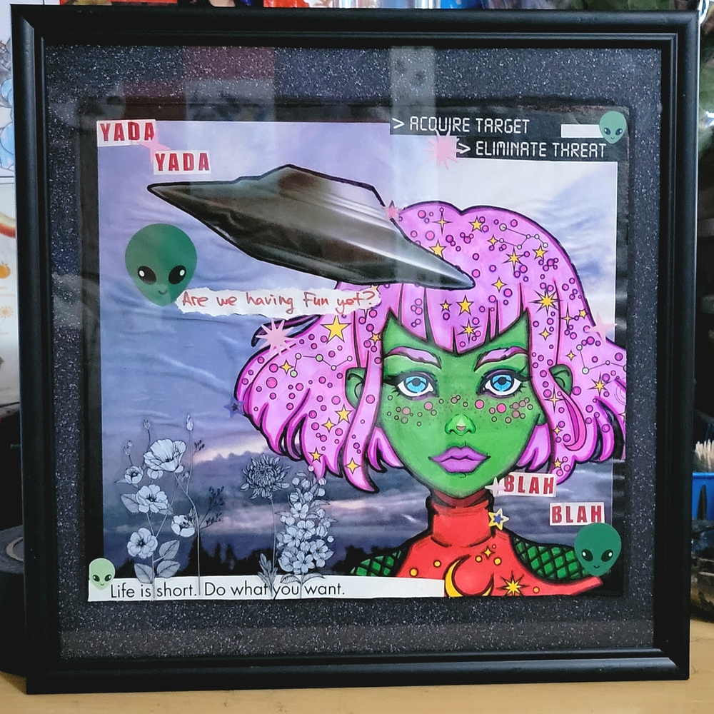 Framed Alien Art with Pink and Green Accents